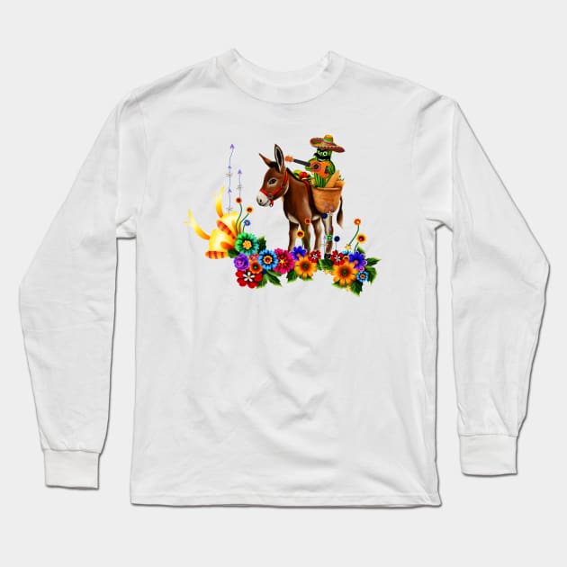 Funny mexican cactus with hat and donkey Long Sleeve T-Shirt by Nicky2342